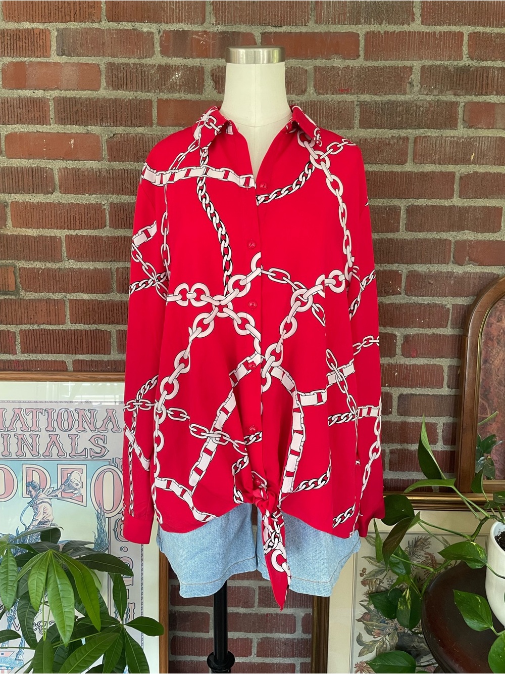 Susan Graver Red Chain-Print Button Front Tie Shirt